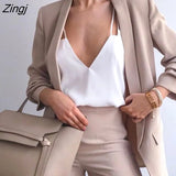 New Women Suit Blazers Office Lady Solid Color Lapel Long Sleeves Open-Front Loose Formal Coat for Ladies 8
