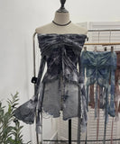 Small-Sized Old-Fashioned Green Shoulder Horn Sleeve Blouse Dye Net Yarn Lace Draw Rope Short T-Shirt