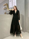 Retro Court Style Lace V-Neck High-End Dress With Thin Single-Drace Buckle
