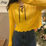 T-shirts Women Solid Wood Ears Bandage Long Sleeve O-Neck Candy Color Korean Style Basic Tees Female Tops Young