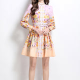Elegant High-End Dress Woman 2025 New Collar Lantern Sleeve Buckle Waist Print