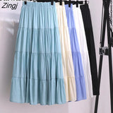 Korean Style Long Skirt Women For Spring Summer 2022 Blue White Black High Waist Sun School Midi Pleated Skirt