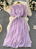 Women Hollow Out Lace Patchwork Pleated Long Dress Elegant Embroidery Short Puff Sleeve Single Breasted Maxi Vestidos