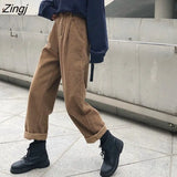 Brown Corduroy Cargo Pants Women Korean Harajuku Loose Trousers Female 90s Street Casual High Waist Winter Warm