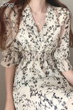 Korea Fashion Clothing Summer Slim Elastic Waist A Line V Neck Elegant Office Lady Floral Chic Chiffon Long Dress