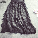 Tulle Midi Skirt Women Korean Fashion Feather Tassel Pleated Skirts Elegant A-Line Elastic Waist Chiffon Skirts Jupes