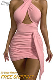 Cross Halter Neck Women Bodycon Dress Sexy Solid Color Sleeveless Pleated Ruched Mini Sheath Dress Party Backless