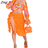 Casual Women Skirt Two Piece Skirt Set Print Crop Tank Top Shirt + Split Out Dress Streetwear Tracksuit Clothes For