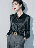 Light Luxury Beautiful Black Collared Long-Sleeved Shirt Women Spring And Autumn Commuting Professional