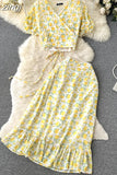 Women Polka Dot Chiffon Two Piece Set Vintage V-Neck Bandage Short Tops + High Waist Mermaid Skirt 2Pcs Suits New