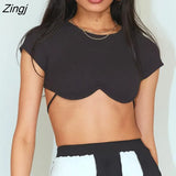 Women's Ribbed Lace-up Crop Tops Solid Color Round Neck Short Sleeve Ultra Short Navel Design Slim Fit Summer T-shirts