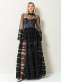 Spring 2025 New Fashion Round-Neck Mesh Splicing Design Perspective Advanced Sense Long Dress Dress