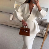 Women's Fashion Fashion Solid Color Button Bubble Sleeve Skirt Dress Set In Autumn