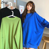 Hat Hoodies Women O-neck Solid Simple Pocket Aesthetic Comfortable Warm Basic Leisure Spring Autumn All-match Chic