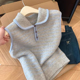 Sweet Korean Dongdaemun Stifled Small Collar Loose Striped Knitted Vest Women Autumn And Winter Folding