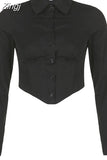 Fashion Chic Corset Black Women Blouses Crop Top Long Sleeve Cardigan Slim Sexy Elegant Spring Shirt Party Gothic