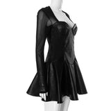 Black Long Sleeve Mesh PU Leather Mini Dress- Outfit