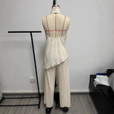 Women's New Asymmetric Neck Collar Blouse High-Waisted Silk Jerk Trousers