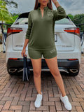 Autumn / Winter New Women's Casual Solid Color Zipper Standing Collar Print Hoodie Set