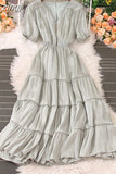 Women Beading Party Dress Vintage V-Neck Short Puff Sleeve High Waist Ruffle Draped Robe Vacation Beach Vestidos 2023