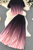 Women Pleated Two Piece Set Vintage Round Neck Short Sleeve Tops + High Waist Draped Skirt Gradient Suit Female New