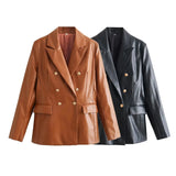 Women's Clothing 2025 Autumn New 2 Color PU Imitation Leather Double Row Buckle Long-Sleeved Blazer Women