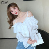 Woman Casual Spring Office Ladies Flare Sleeve Ruffles Elegant Chiffon Fashion Solid Loose Korean Style Simple Ins