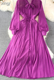 Vintage Women Long Dress Elegant Bow Collar Lantern Sleeve Single Breasted Pleated Maxi Vestidos Female Red/Purple