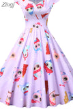 Print Vintage Christmas Dress Women Winter Big Swing Elegant Short Sleeve V Neck Sexy New Year Party