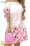 Women Off Shoulder Summer Mini Dress Sexy Short Sleeve Bow Tie Print A Line Party Short Dresses Vestidos