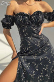 neck Floral Print Split Beach Dress Women Summer Elegant Ruffles Party Long Dress Vestidos
