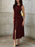 Ladies Knitted Jersey Dress Round Collar Sleeveless Button Slimming