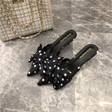 Spring Pointed Toe Stiletto Heel Kitten Heels Bow Heel-Free Slippers for