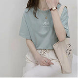 Zingj Sleeve Korean Round Collar T-Shirt Female 2024 Summer Loose Plant Print Casual Solid Color Student Half Sleeve Top
