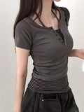 Sweet Style Simple Knitted Shirt Two Sets Of Striped Hanging Neck Hanging Sling + Half-Open Collar Long-Sleeved T-Shirt