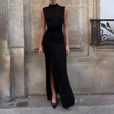 Autumn And Winter New Half-High Neckless Sleeveless Waist Folded Open Fork Long