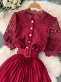 Women Hollow Out Lace Patchwork Pleated Long Dress Elegant Embroidery Short Puff Sleeve Single Breasted Maxi Vestidos