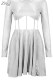 Fashion Chic Bling Glitter Long Sleeve Club Party Dress Mini Backless Hollow Out Sexy Dress Women Autumn Pleated
