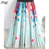 2022 Spring Summer Fashion Colorful Dots Print Long Pleated Skirt Women Korean High Waist A Line Skirt