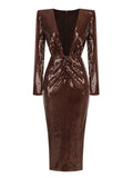 Brown Sequin Deep V-Neck Long Sleeve Evening Midi Dress- Outfit
