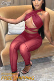 Sexy Women 2 Pieces Sets Criss-cross Halter Tube Crop Tops Tank and Mesh Sheer See Through High Waist Leggings