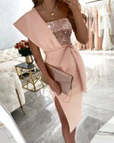 New Wish Independent Station Oblique Shoulder Middle Waist Long Solid Color Women's Bead Piece Spliced