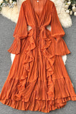 Chiffon Pleated Long Dress Women Vintage V-Neck Flare Sleeve Draped Ruffle Vestido Female Maxi Robe Spring