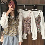 Women Vintage All-match Fake Two Piece Lantern Sleeve Patchwork O-neck Sweet Elegant Streetwear Casual Chiffon Girl