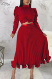 Women Sets Two Piece Set O-Neck Long Lantern Sleeve Top And Elegant Pleated Long Skirt High Streetwear Casual Beach