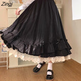Midi Long Skirts Womens Multi Layer Ruffle Goth Black Pleated Skirts Japanese Harajuku Sweet High Waist Lolita Skirt