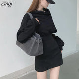 Sleeve Dress Women Sexy Korean Style Hot Sale Bodycon Thicken Winter Female Basic Chic Clothes Black Mini Party