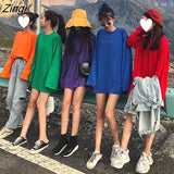 Sleeve T-shirts Women Spring Solid Long-style Loose Ins Basic Ins Casual Fashion Female T-shirt Simple All-match Korean