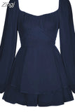 Women Boho Romper Long Sleeve Double Layer Ruffle Hem Chiffon Short Fairy Princess Mini Dress Jumpsuit