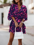 Women V Neck Party Dress Commuter Fashion Print Beach Mini Dress Lady Elegant Lace-up Ruffle Office Dresses Woman